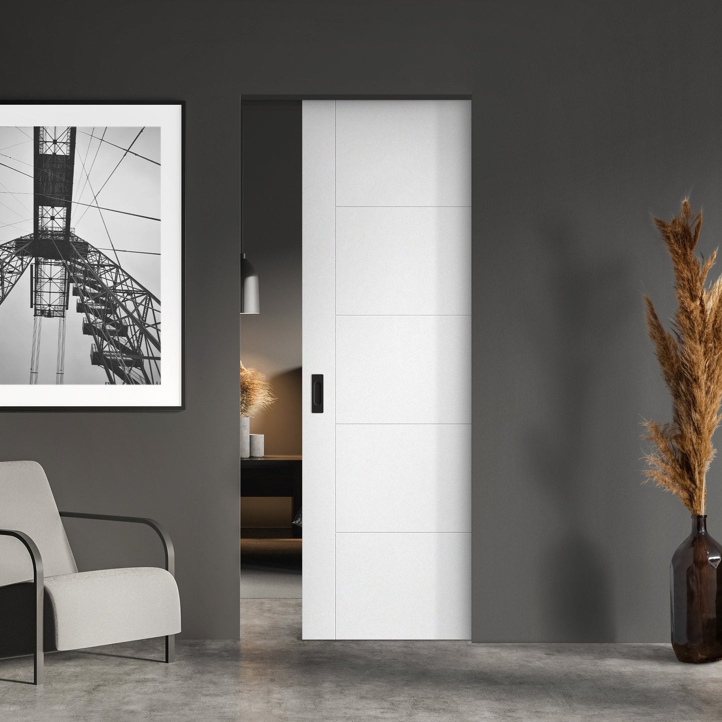 White Primed Internal Parma 5 Panel Framed Pocket Door Set (123256)