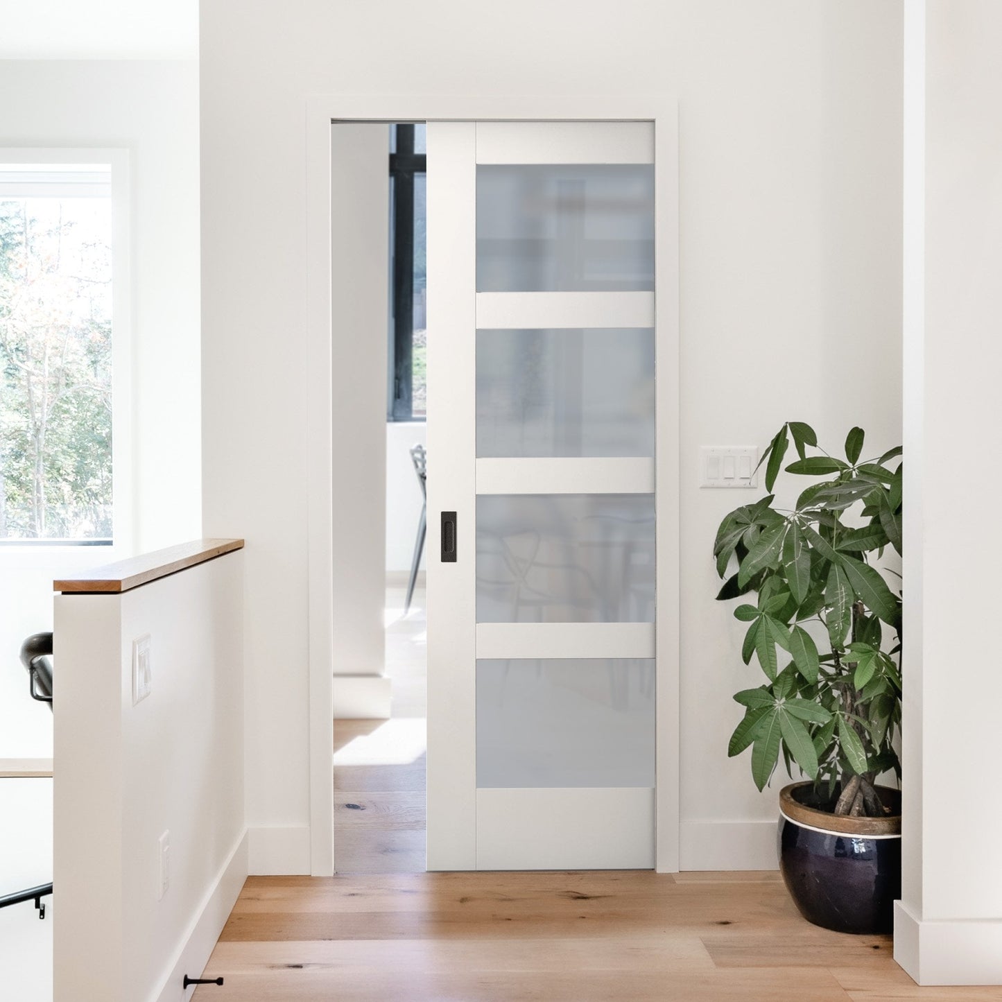 White Primed Internal Shaker 4 Light Obscure Glass Framed Pocket Door Set (123267)