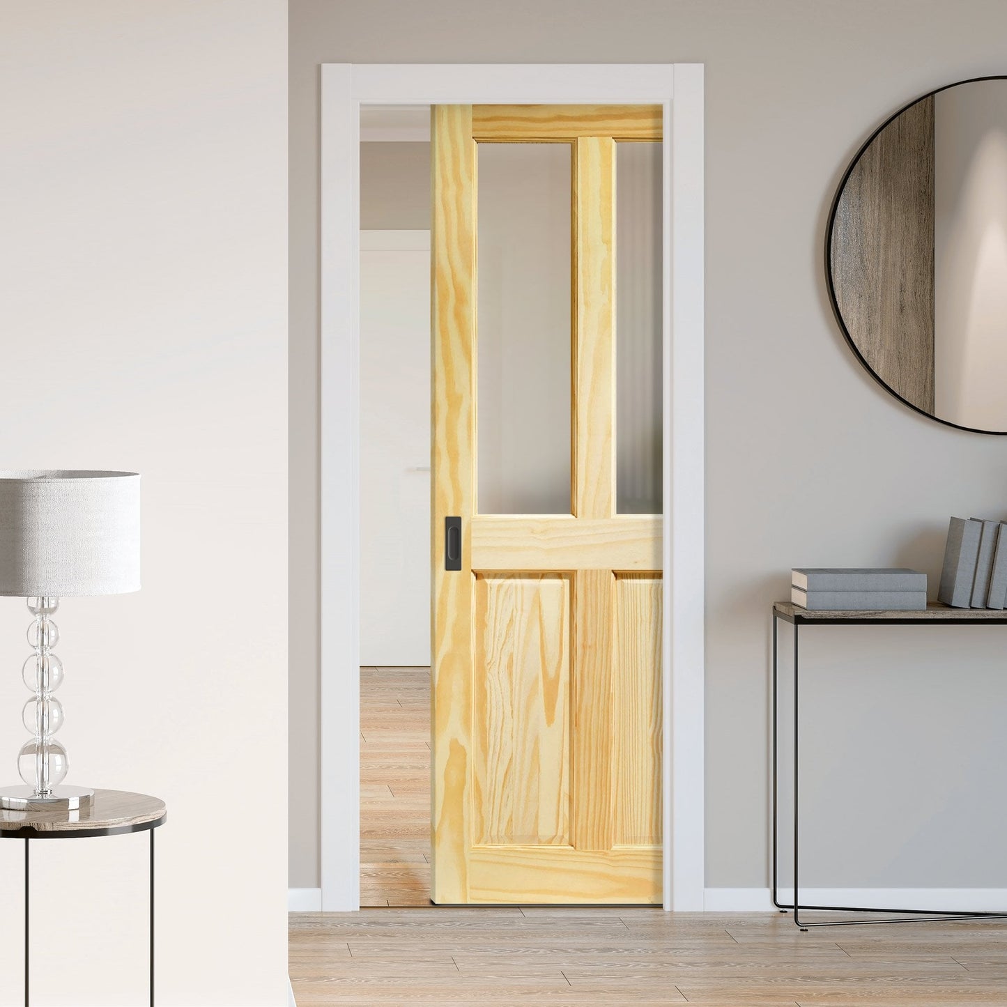 Clear Pine Unfinished Internal 2 Panel 2 Light Obscure Glass Framed Pocket Door Set (123183)