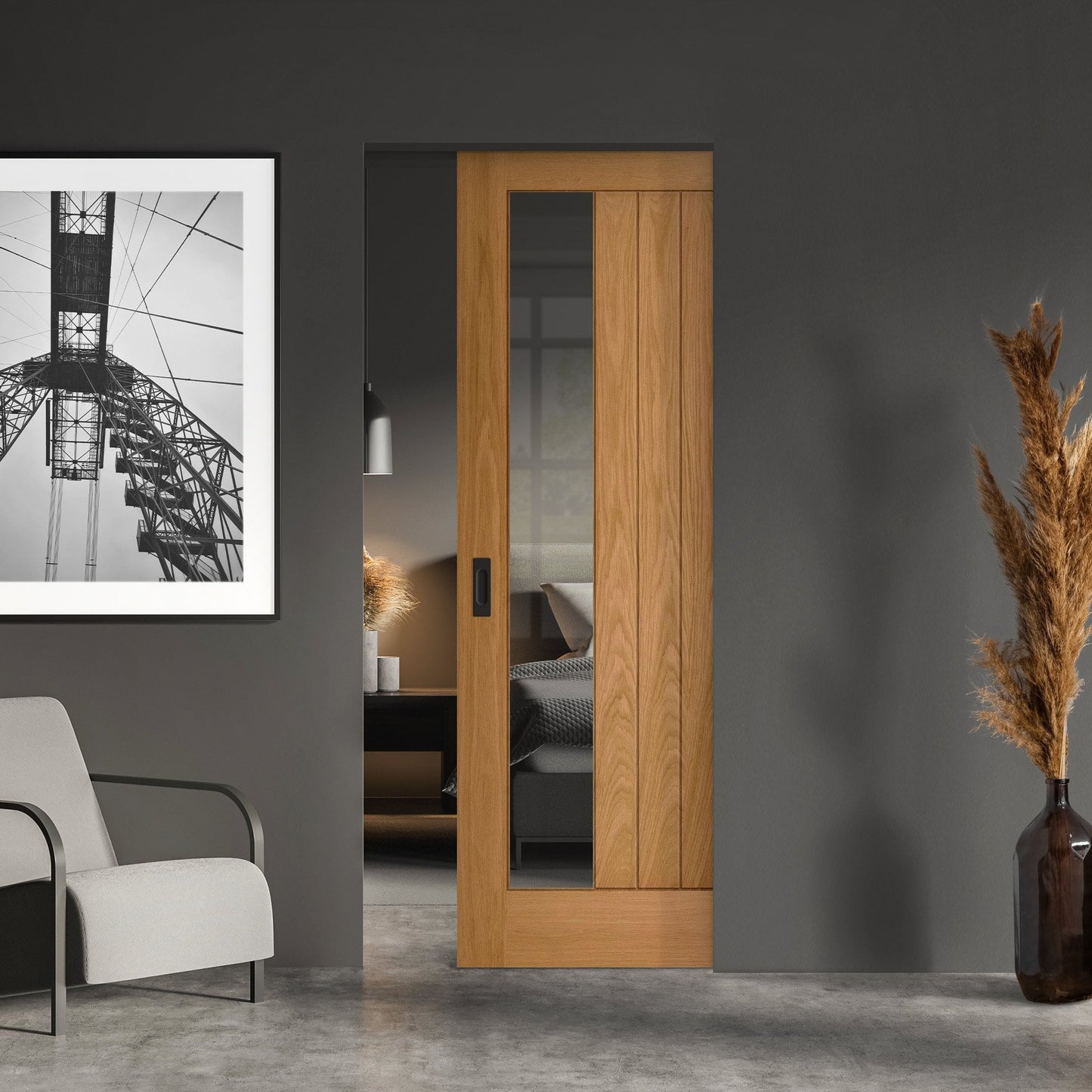 Oak Fully Finished Internal Farley 1 Light Clear Offset Glass Framed Pocket Door Set (123196)