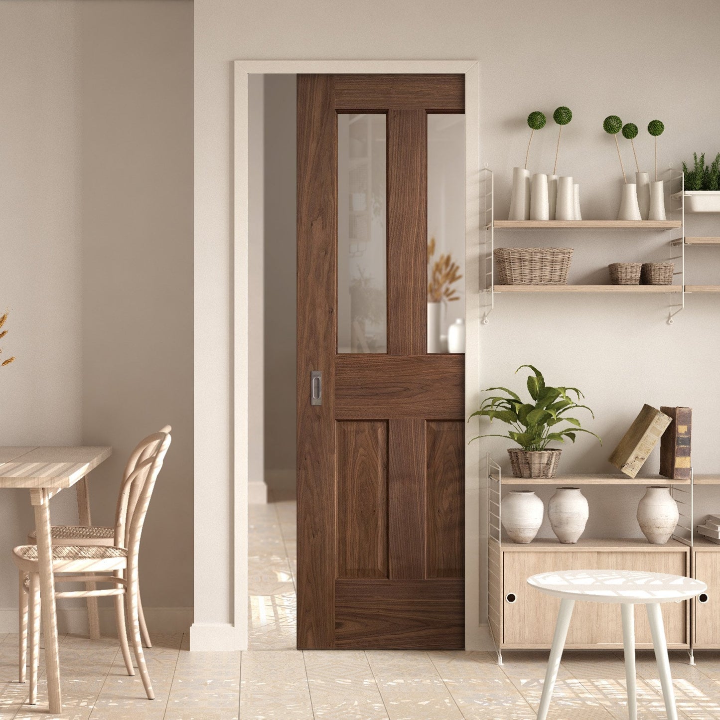 Walnut Fully Finished Internal Victorian 1 Light Framed Pocket Door Set (123231)