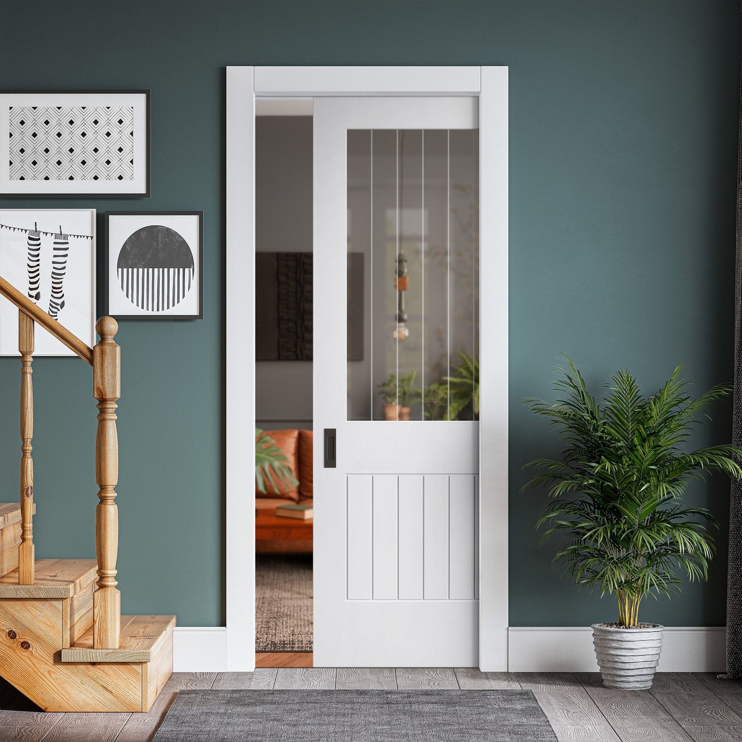 White Primed Internal Cottage 1 Light Etched Lined Clear Glass Framed Pocket Door Set (123246)