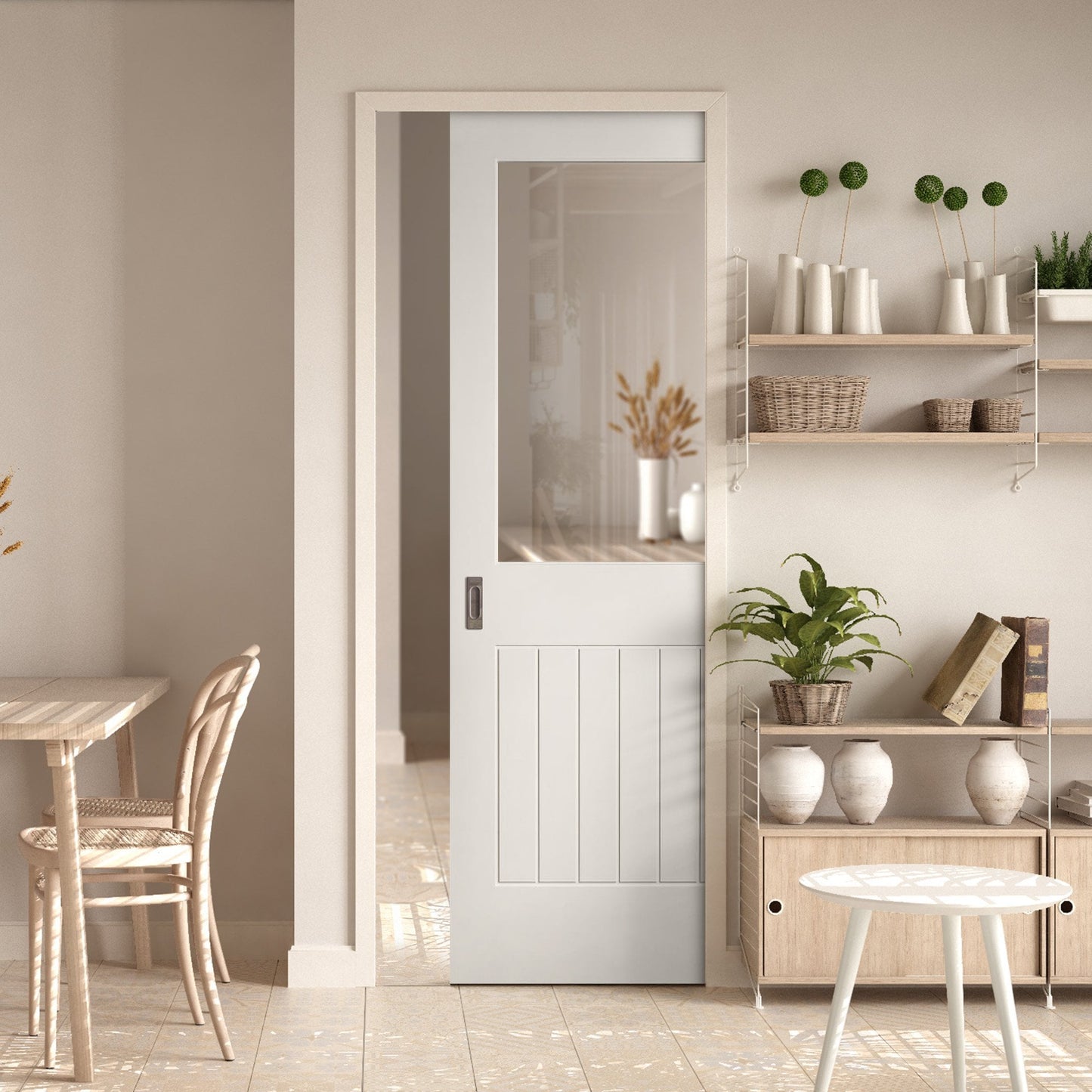 White Primed Internal Cottage 1 Panel 1 Light Clear Glass Framed Pocket Door Set (123247)