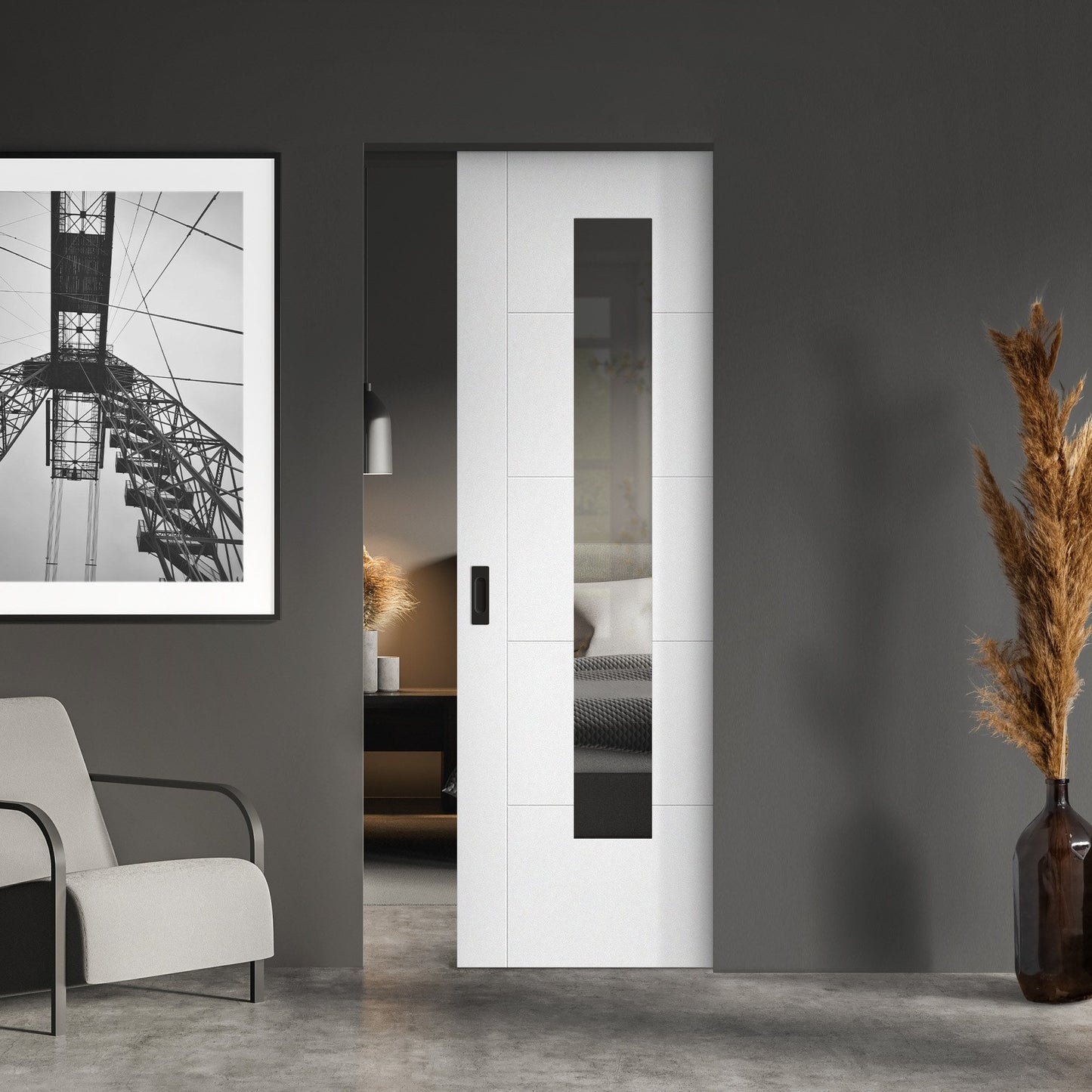 White Primed Internal Parma 5 Panel Clear Glass Framed Pocket Door Set (123257)