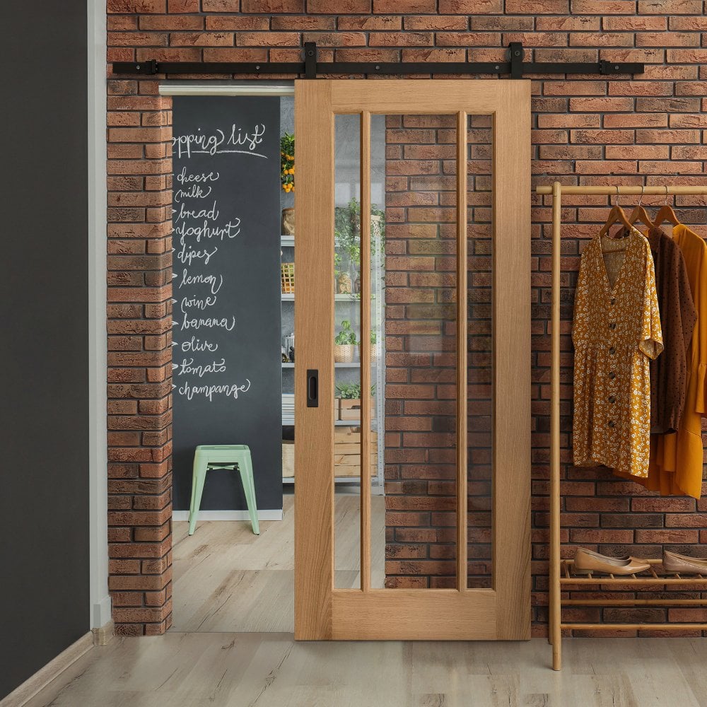 Oak Internal Unfinished Toledo 3 Light Clear Glass Sliding Door - Black Top Mounted (120670)