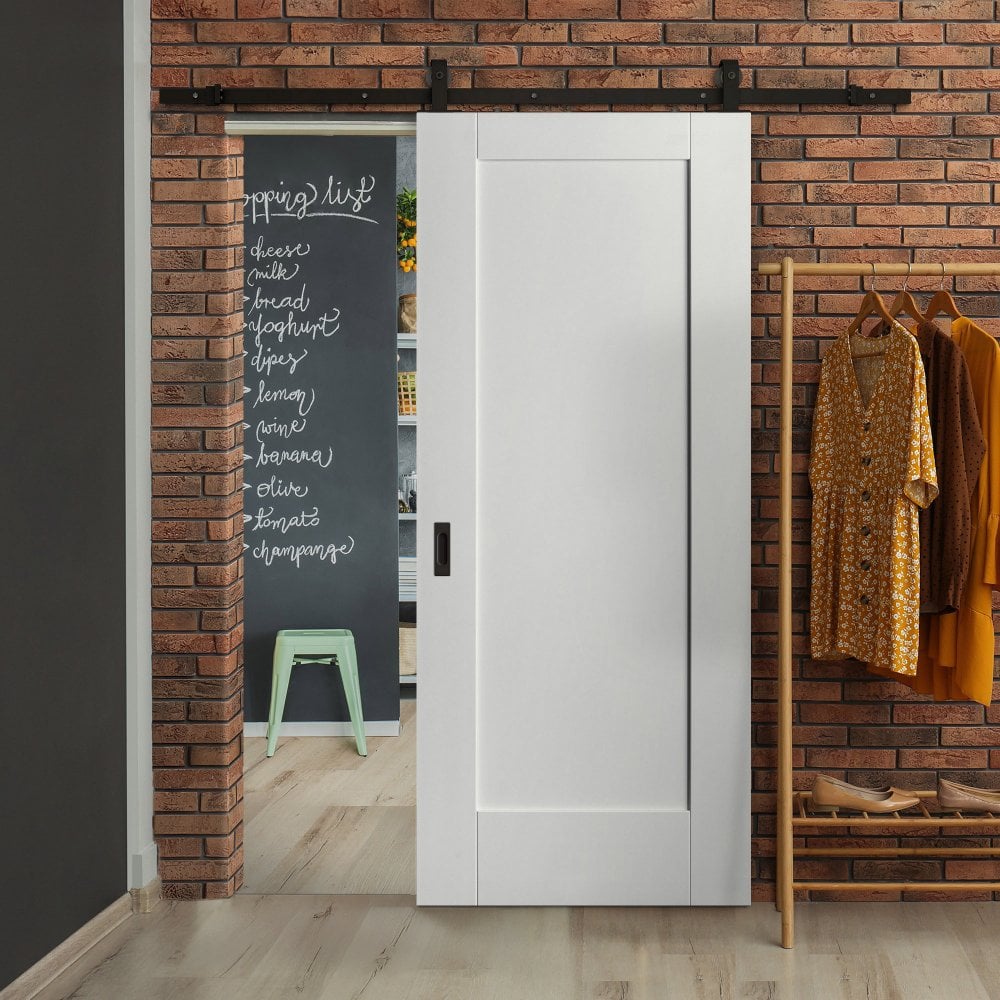 White Primed Internal Pattern 10 1 Panel Sliding Door - Black Top Mounted (120718)