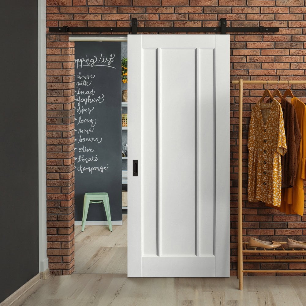 White Primed Internal Toledo 3 Panel Sliding Door - Black Top Mounted (120764)