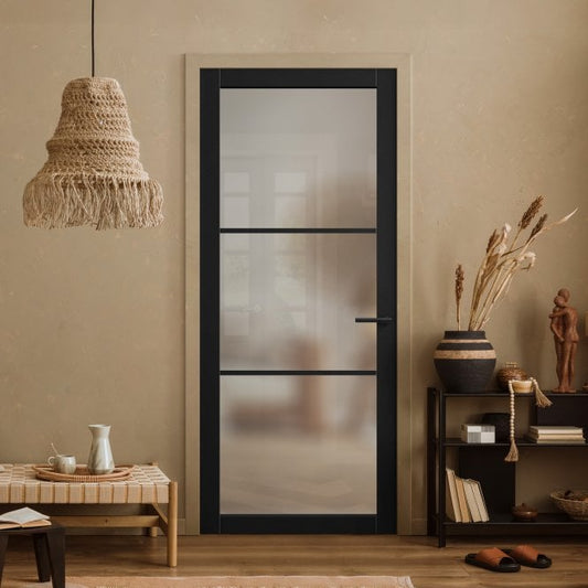 Jet Black Internal Fully Finished Industrial Studio 3 Light Obscure Glass Made-to-Measure Door (120537)