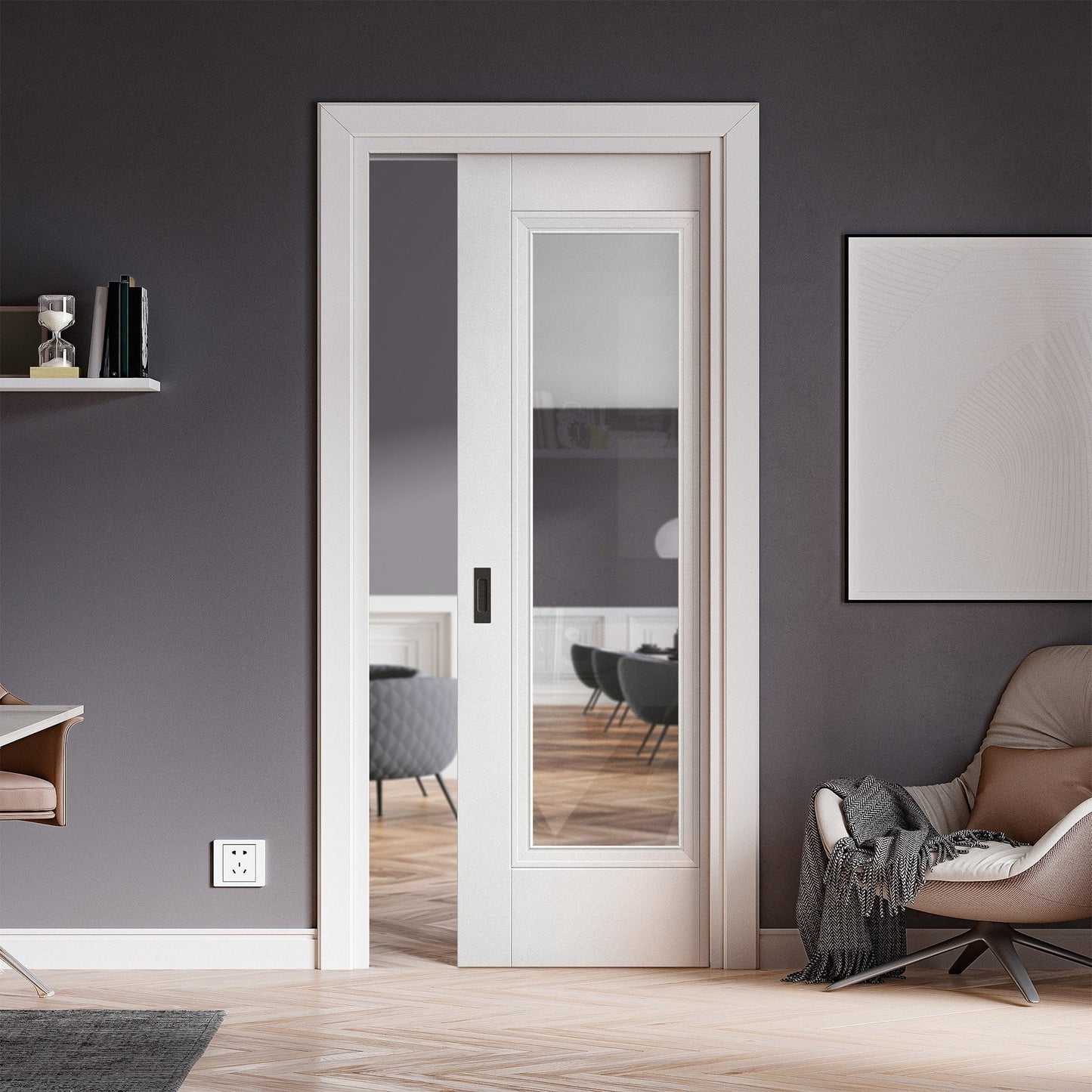 White Primed Internal Elegance Lancaster 1 Light Clear Glass Framed Pocket Door Set (123251)