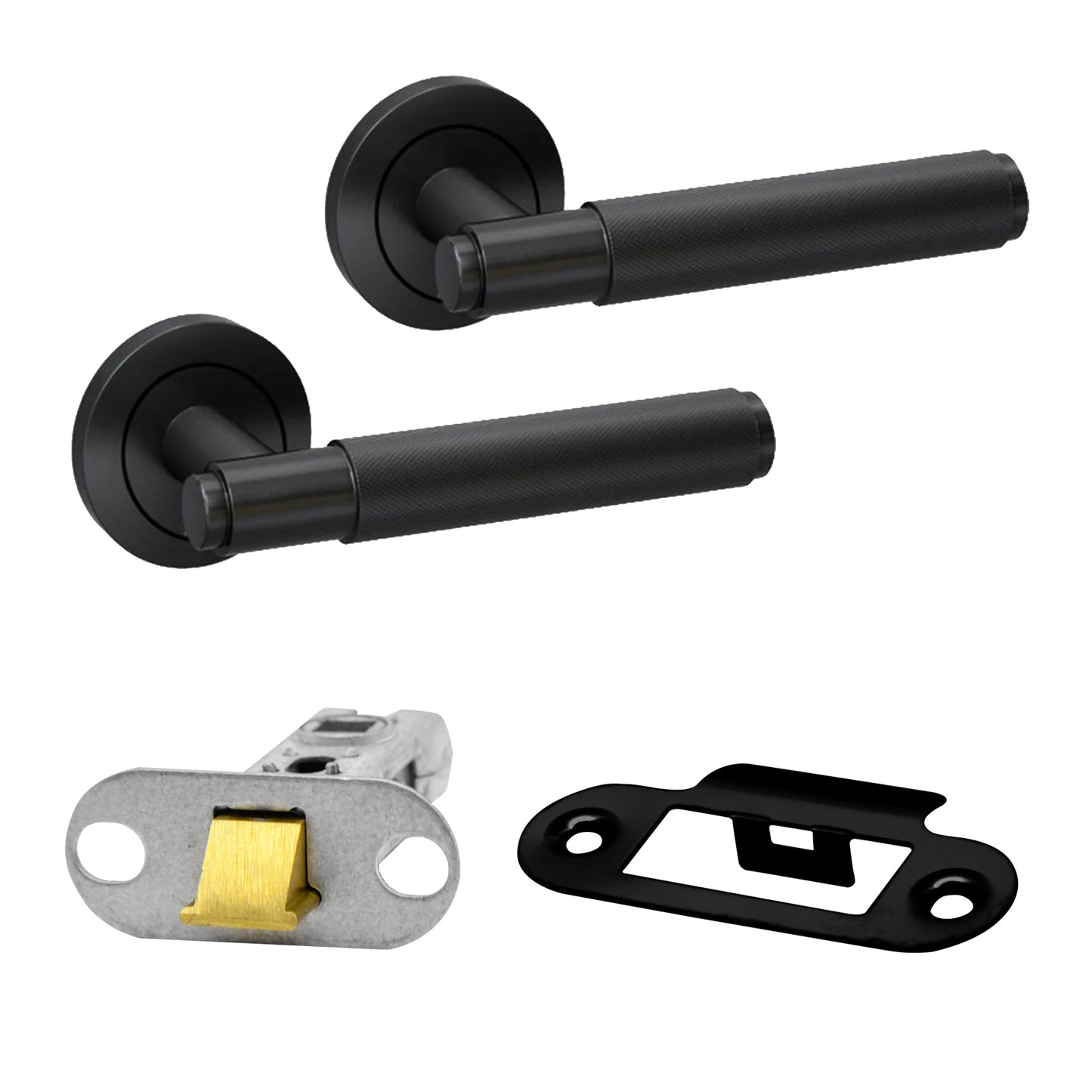 Premium Knurl Lever on Radius Corner Rose Latch Handle Set - Matt Black (124369)