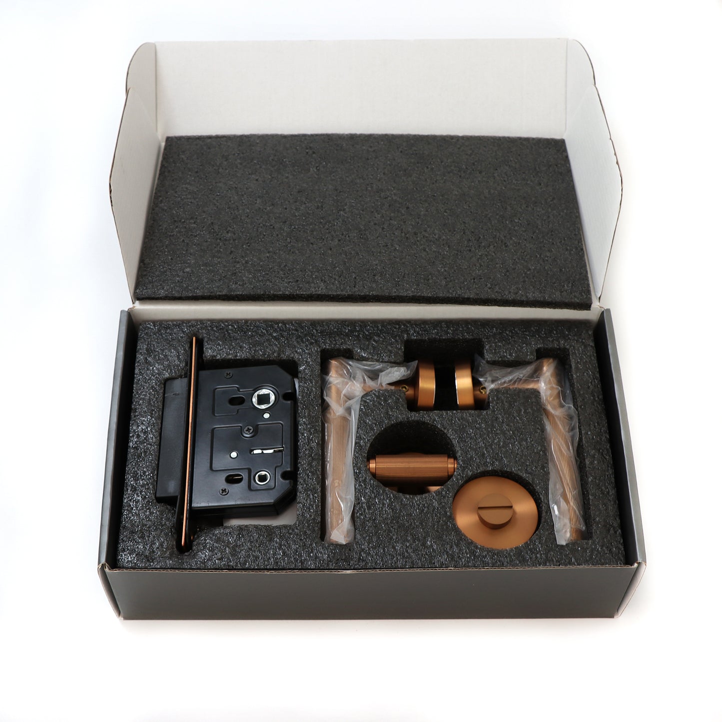 Fluted Lever on Round Rose Bathroom Door Handle Set - Rose Gold