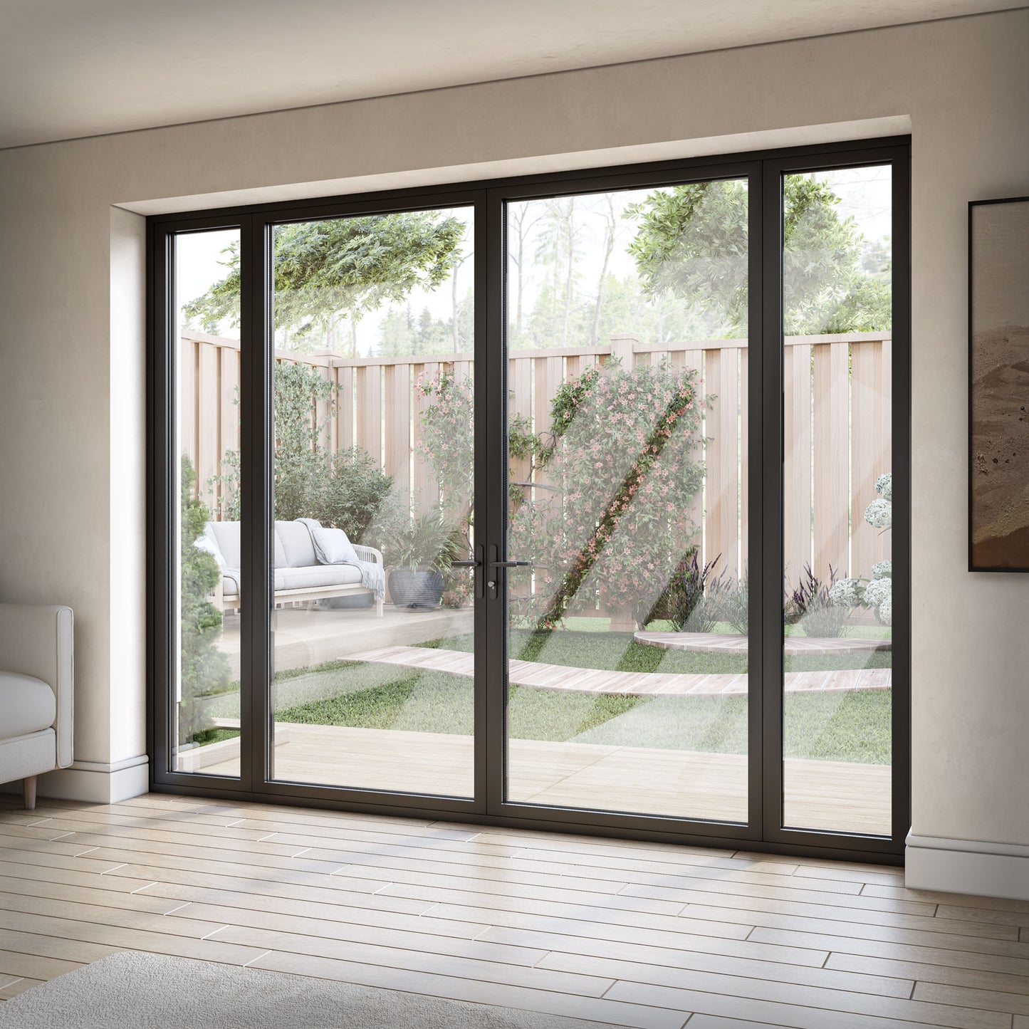 Matt Black Aluminium External Clear Glass French Patio Door with Sidelights (122100)