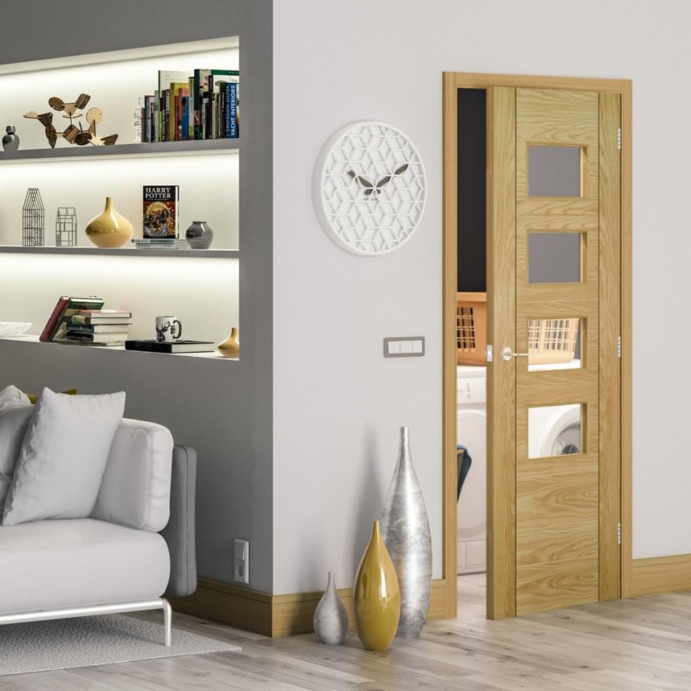 B-Grade Oak Internal Fully Finished Seville 7 Panel 4 Light Clear Glass Door (51691)