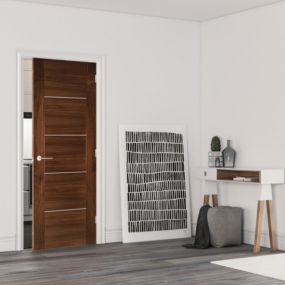 B-Grade Walnut Internal Fully Finished Valencia 5 Panel FD30 Fire Door with Aluminium Horizontal Inlays (47900)