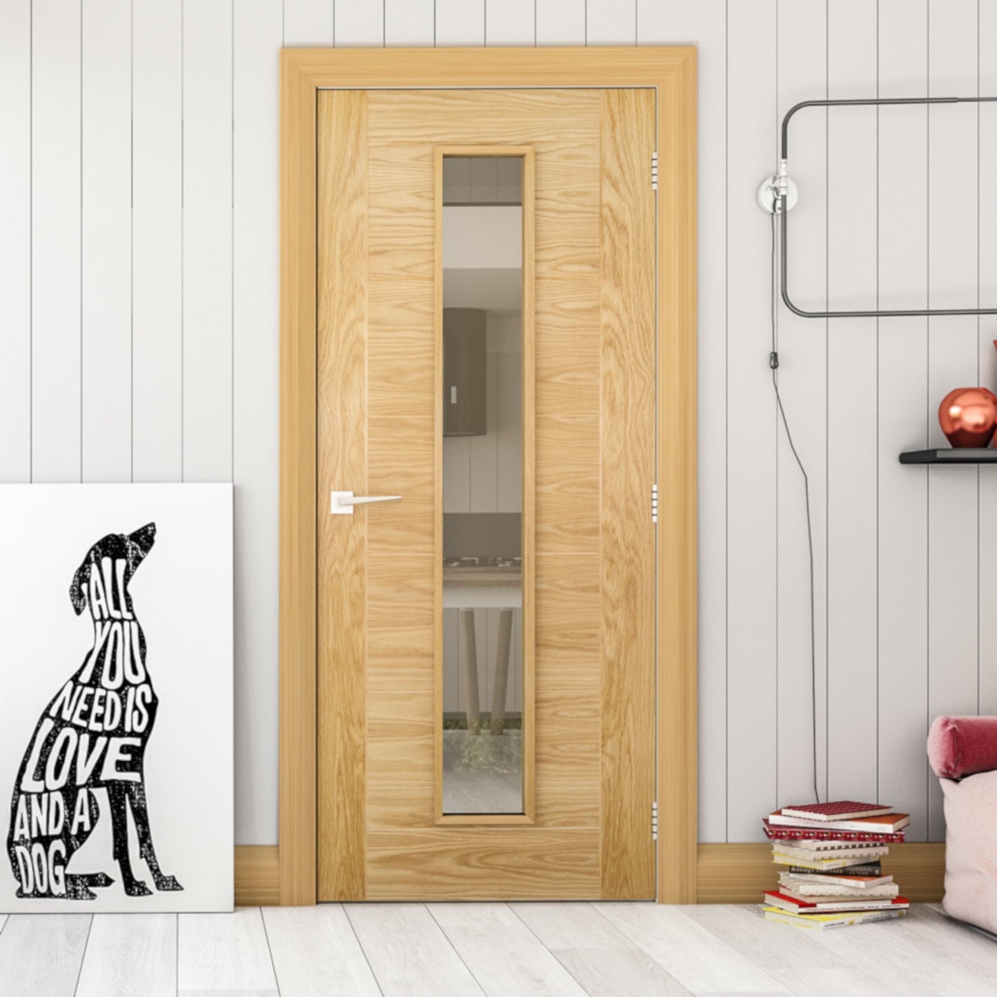B-Grade Oak Internal Fully Finished Seville 7 Panel 1 Light Clear Glass FD30 Fire Door (59565)