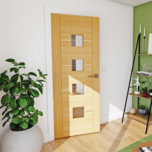 B-Grade Oak Internal Fully Finished Valencia 5 Panel 4 Light Etched Clear Glass Door with Aluminium Horizontal Inlays (116416)