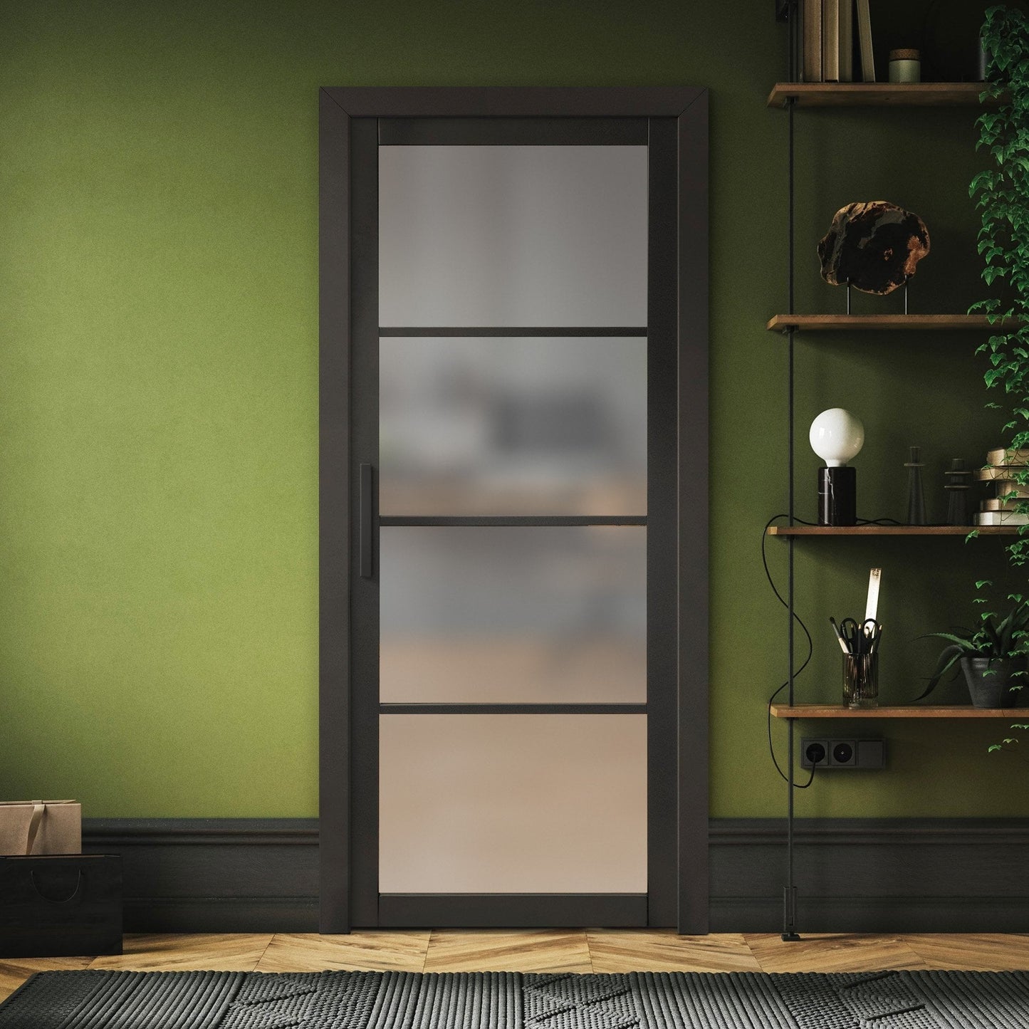 Graphite Black Internal Fully Finished Industrial Studio 4 Light Obscure Glass Door (119081)