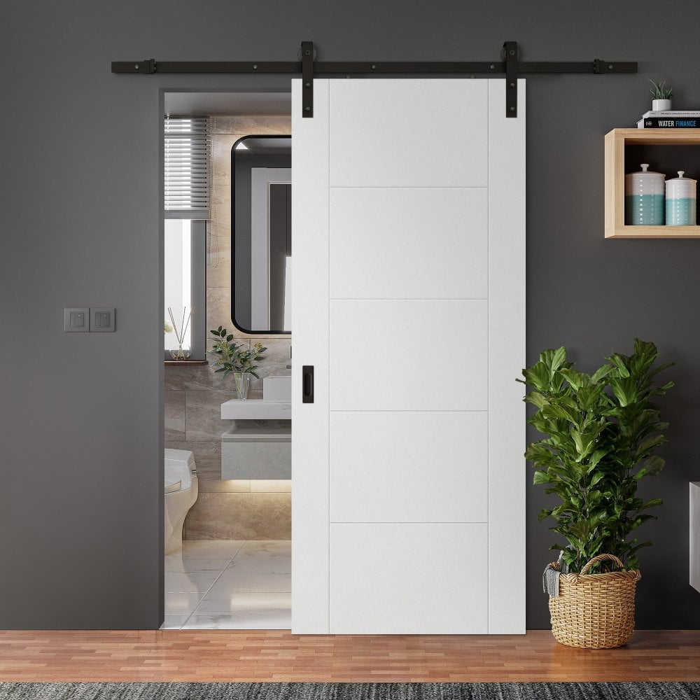 White Internal Primed Parma 5 Panel Sliding Door - Black Face Mounted (119994)