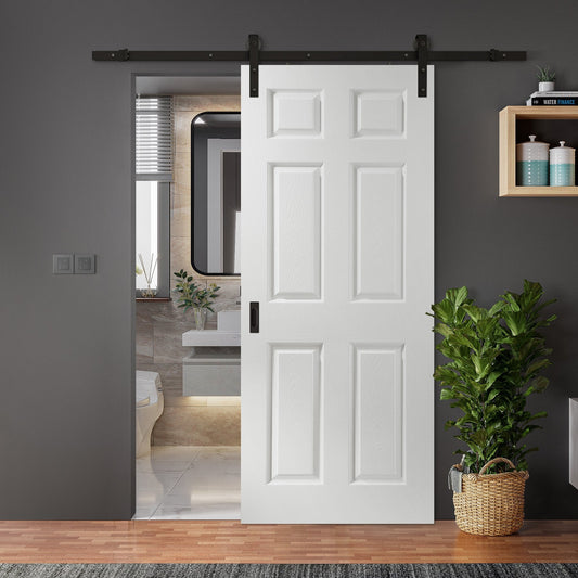 White Internal Moulded 6 Panel Textured Sliding Door - Black Face Mounted (120016)