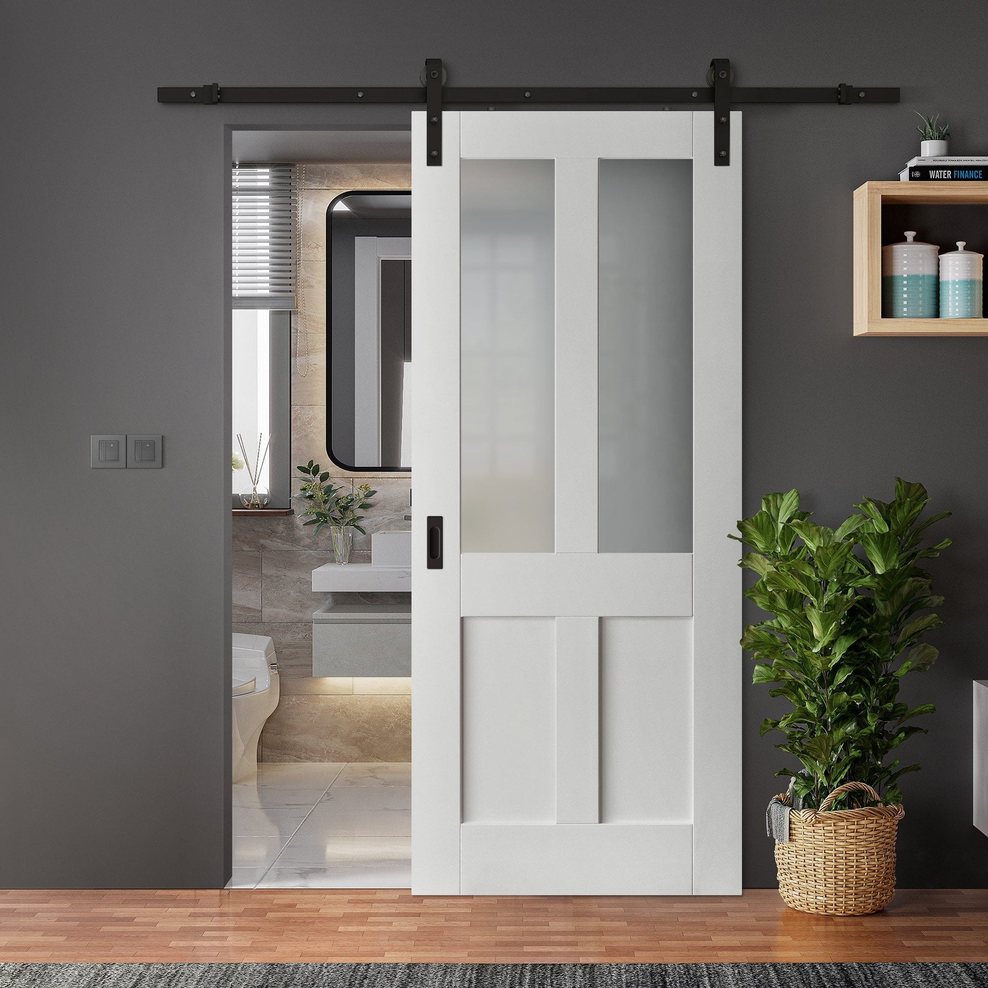 White Internal Primed Victorian 2 Panel 2 Light Obscure Glass Sliding Door - Black Face Mounted (120014)