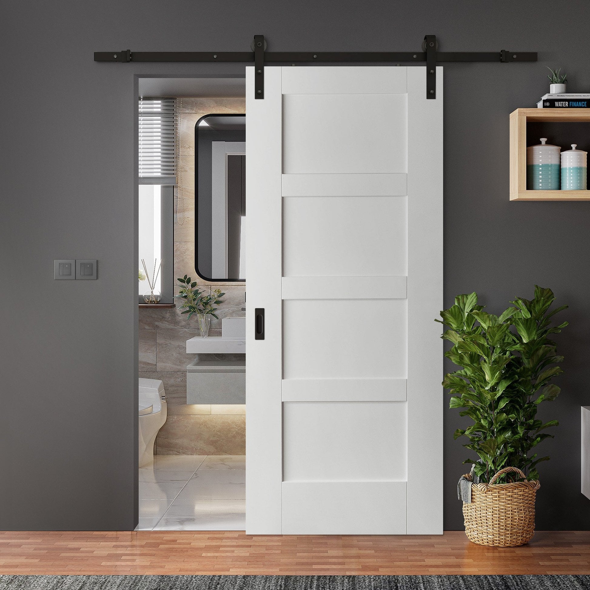 White Internal Primed Shaker 4 Panel Sliding Door - Black Face Mounted (120006)