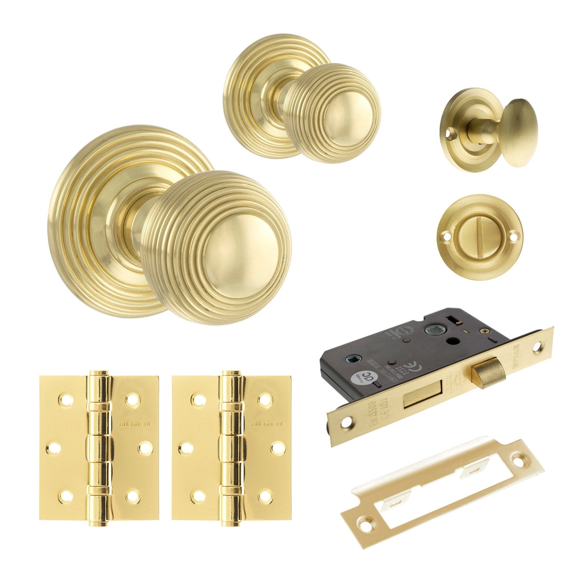 Ripon Round Reeded Mortice Bathroom Door Knob Set - Polished Brass (120429)