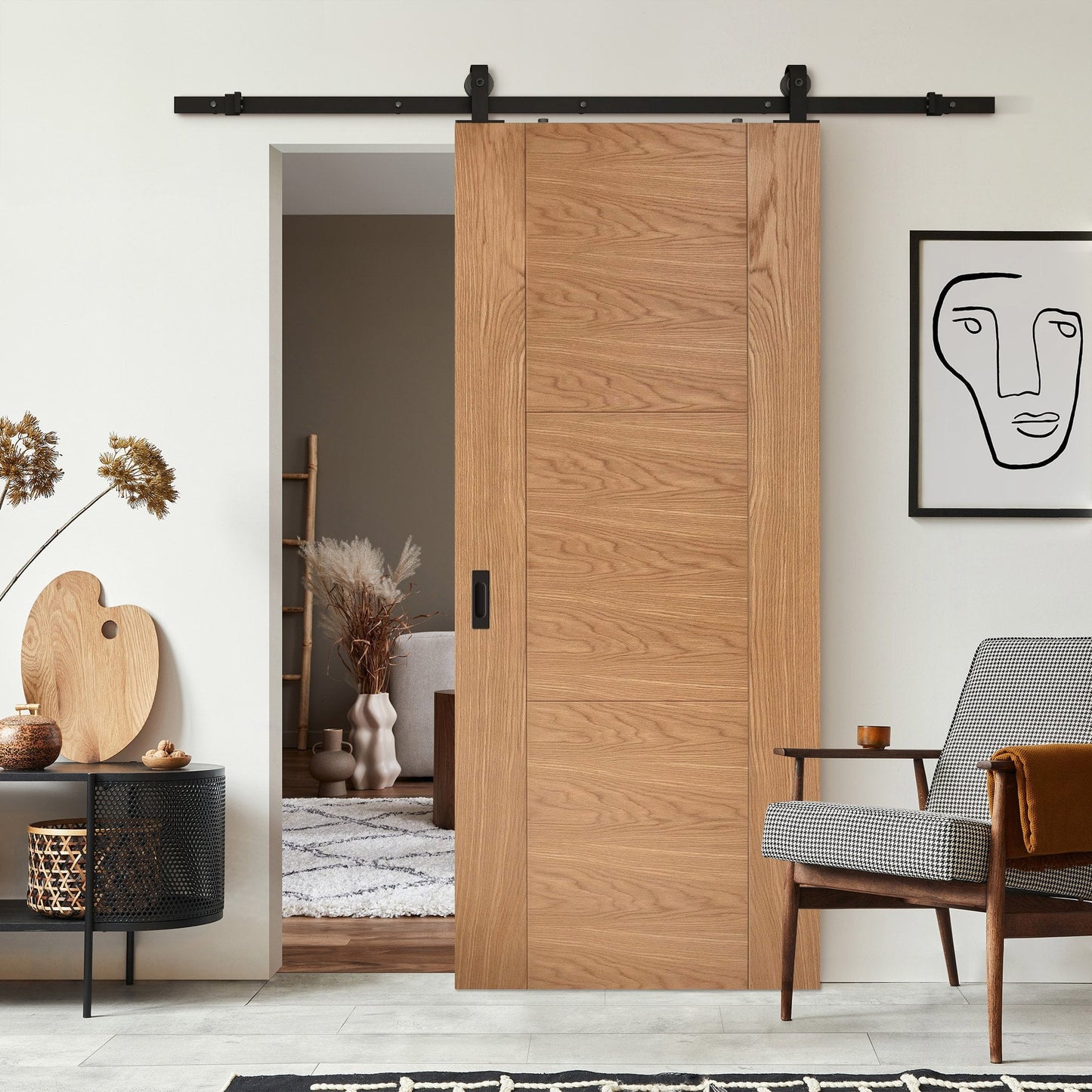Oak Internal Unfinished Trent 3 Panel Sliding Door - Black Top Mounted (120677)