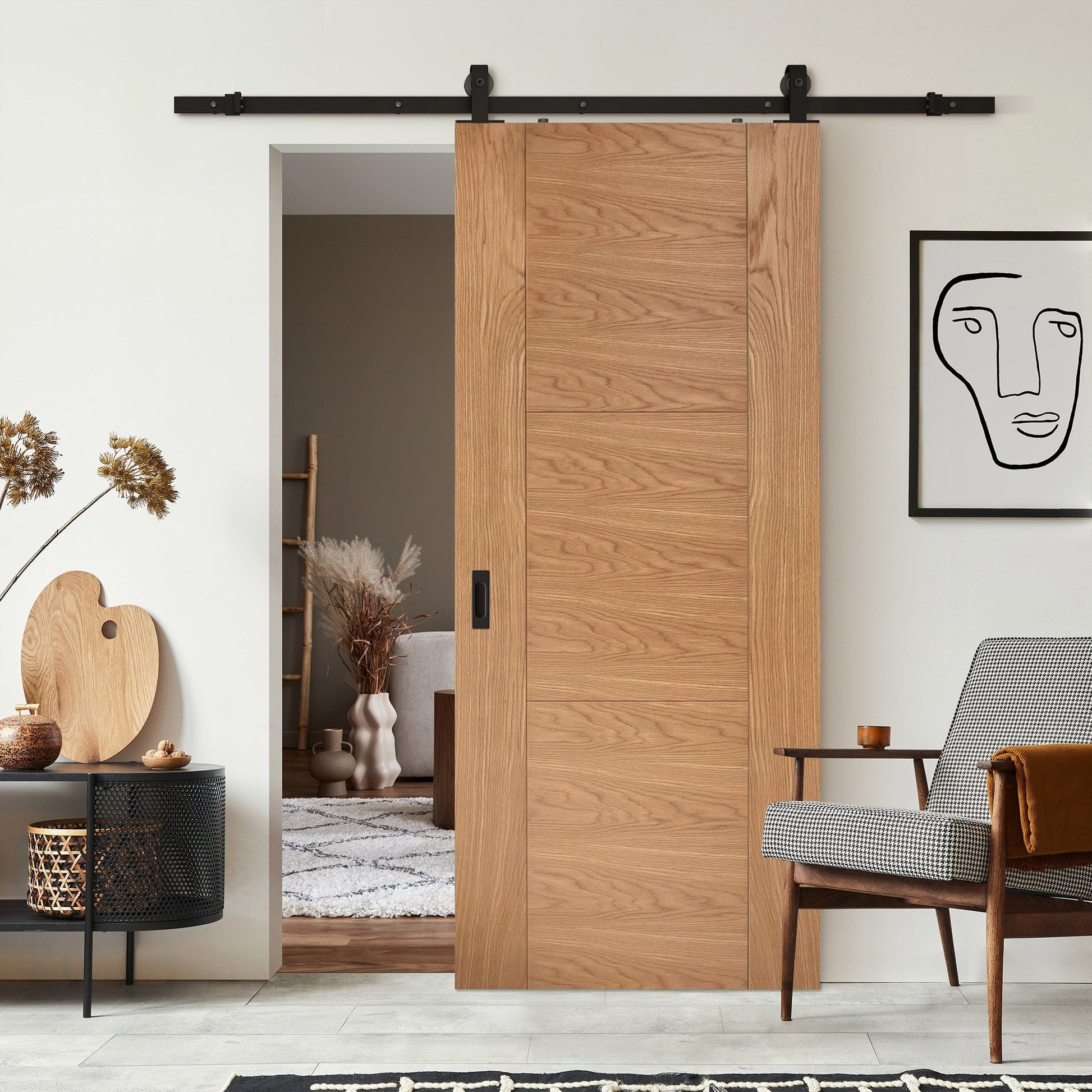 Oak Internal Unfinished Trent 3 Panel Sliding Door - Black Top Mounted (120677)