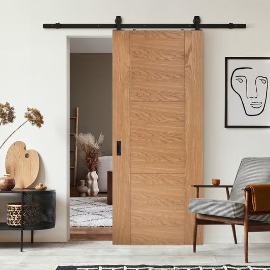 Oak Internal Unfinished Trent 3 Panel Sliding Door - Black Top Mounted (120677)