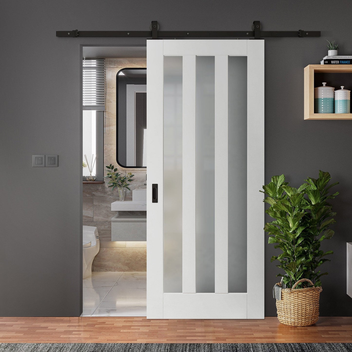 White Primed Internal Ashton 3 Light Obscure Glass Sliding Door - Black Top Mounted (120694)