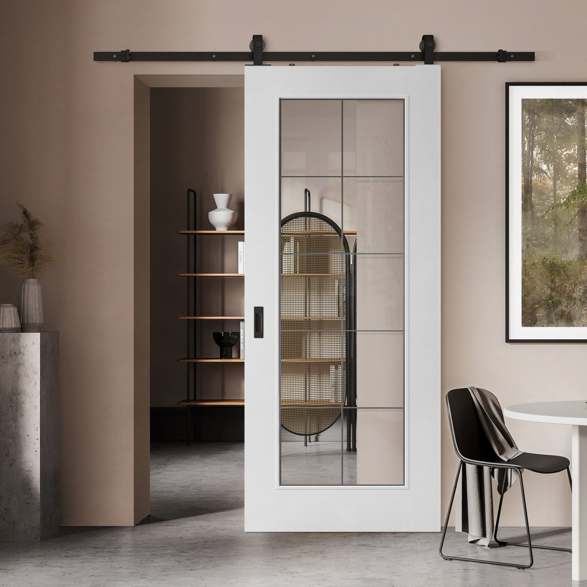 White Primed Internal Chrome 10 Light Bevelled Clear Glass Sliding Door - Black Top Mounted (120700)