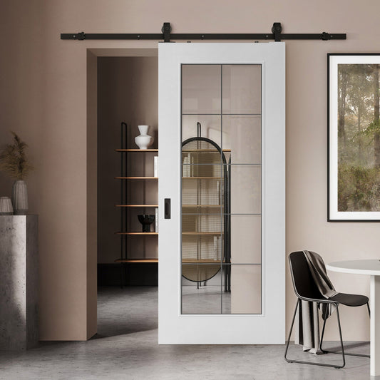White Primed Internal Chrome 10 Light Bevelled Clear Glass Sliding Door - Black Top Mounted (120700)