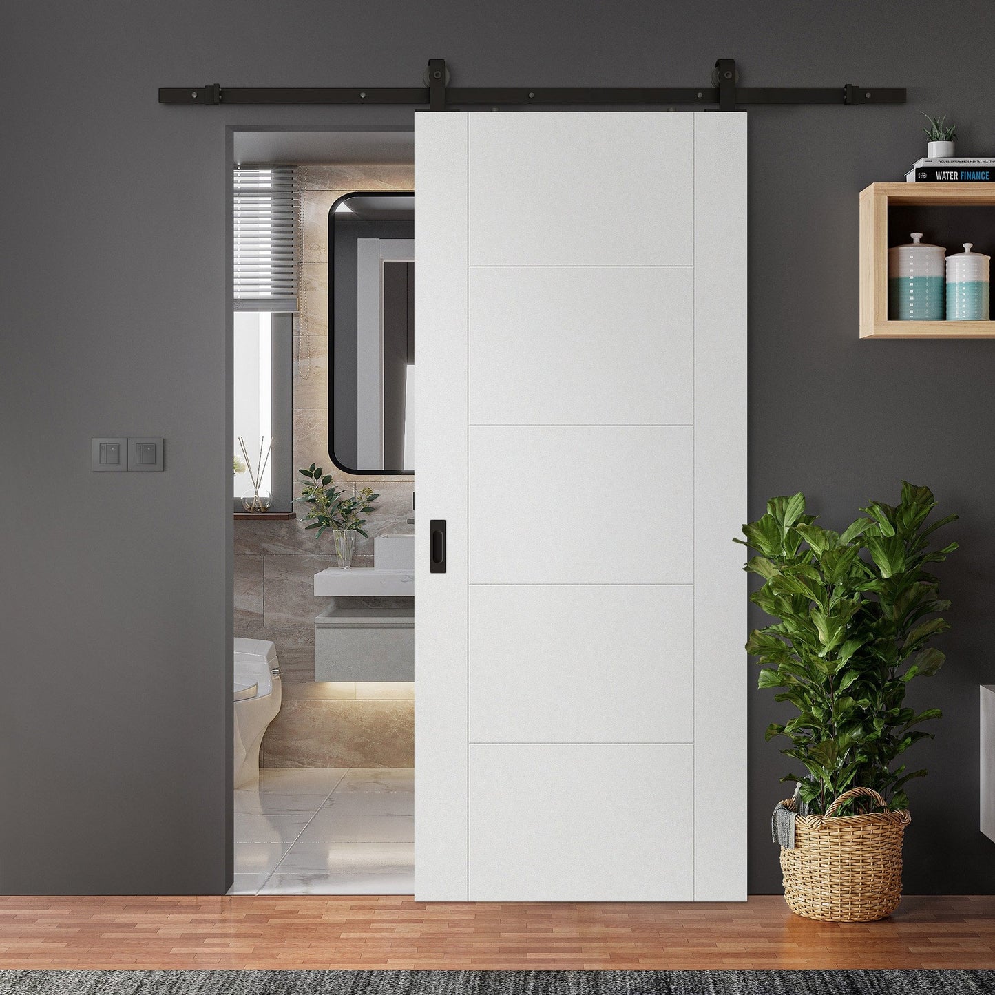 White Primed Internal Parma 5 Panel Sliding Door - Black Top Mounted (120714)