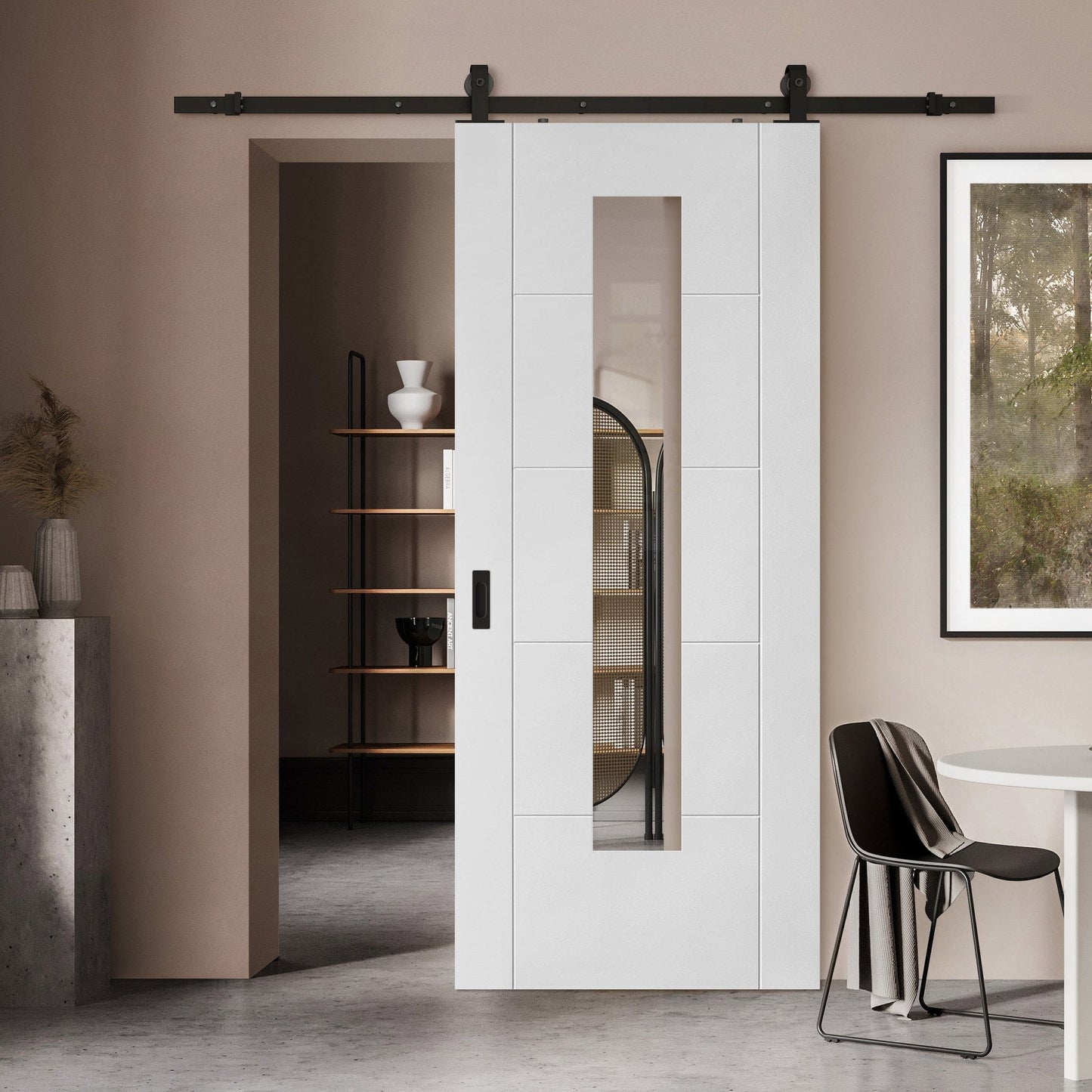White Primed Internal Parma 5 Panel Door w/ Clear Glass Sliding Door - Black Top Mounted (120715)