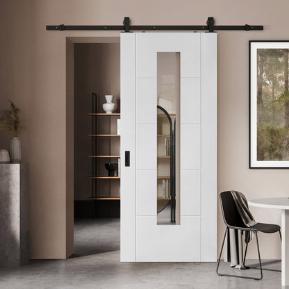 White Primed Internal Parma 5 Panel Door w/ Clear Glass Sliding Door - Black Top Mounted (120715)