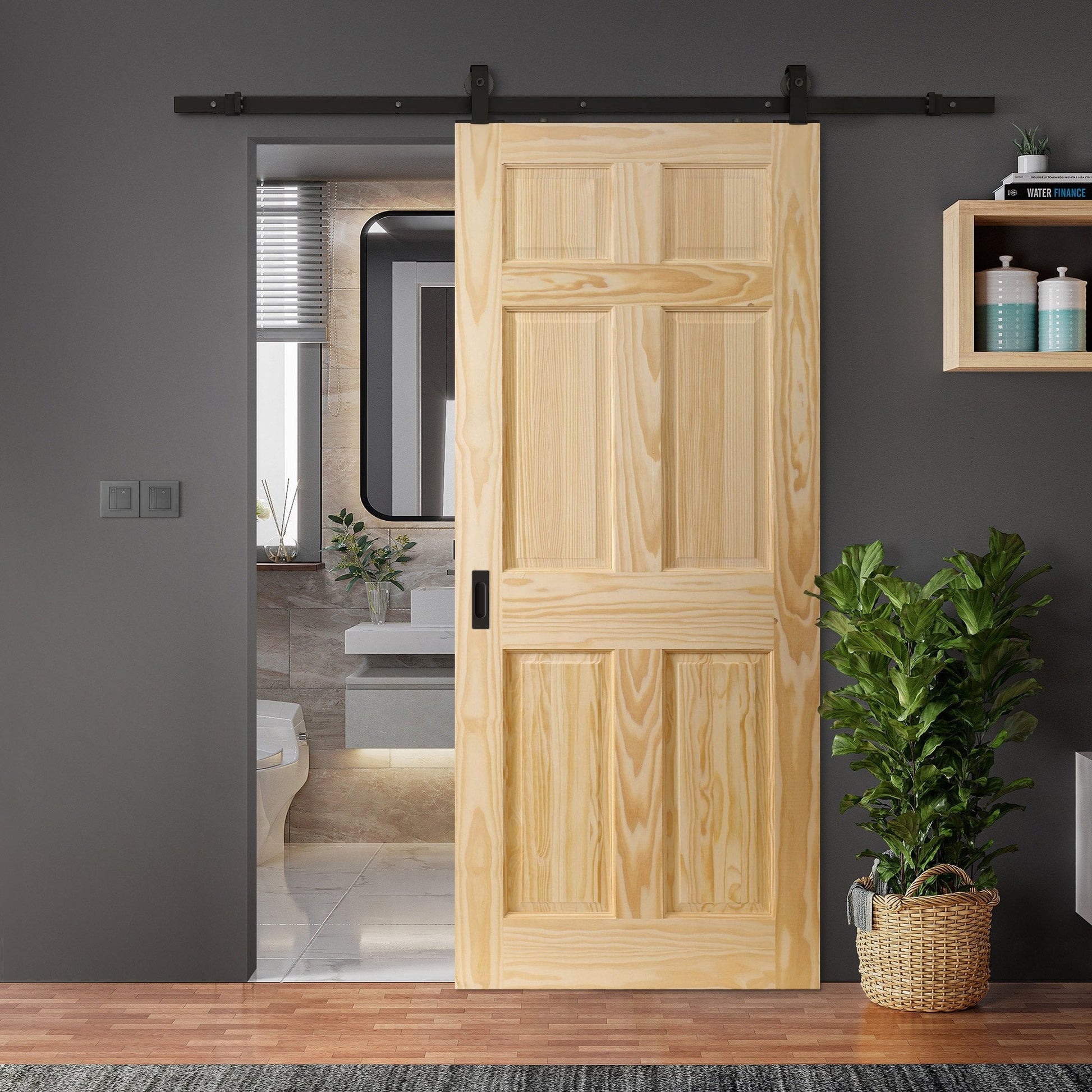 Clear Pine Internal Unfinished 6 Panel Door Sliding Door - Black Top Mounted (120756)