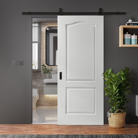 White Primed Internal Lifestyle Classique 2 Panel Arch Sliding Door - Black Top Mounted (120801)