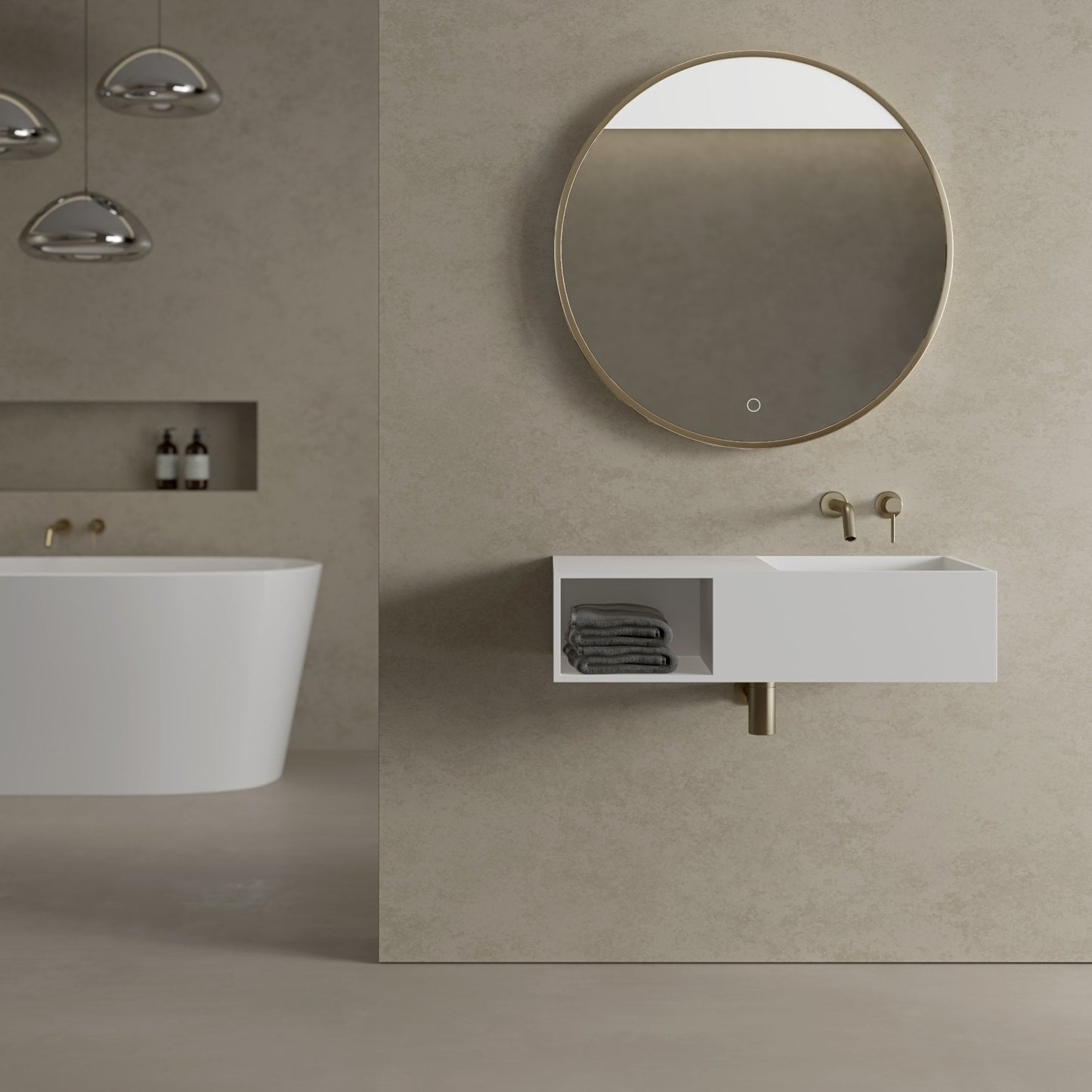 Tyros Round Mirror with Light Brushed Gold 800mm