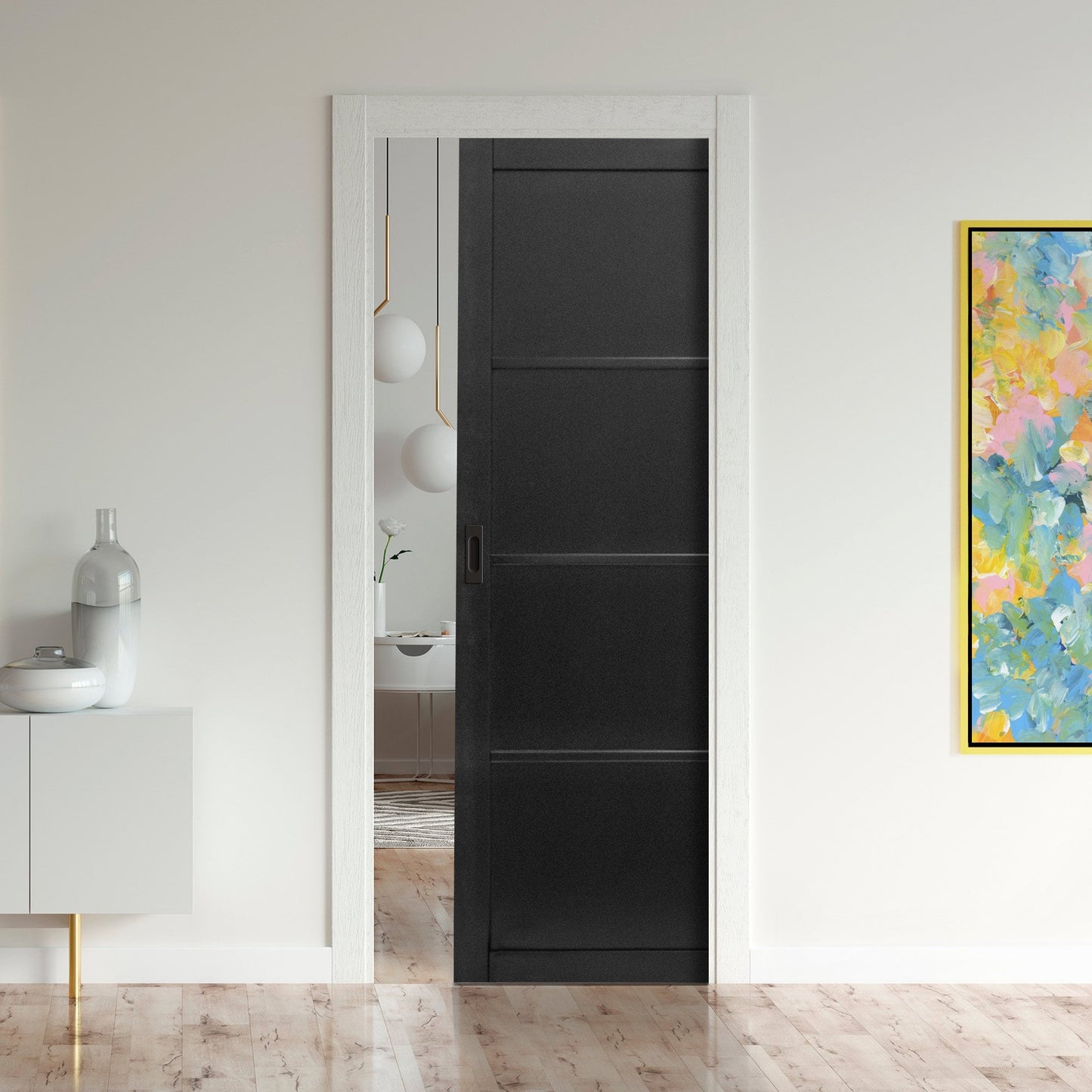 Jet Black Internal Fully Finished Industrial Studio 4 Panel Classic Framed Pocket Door Set (121013)