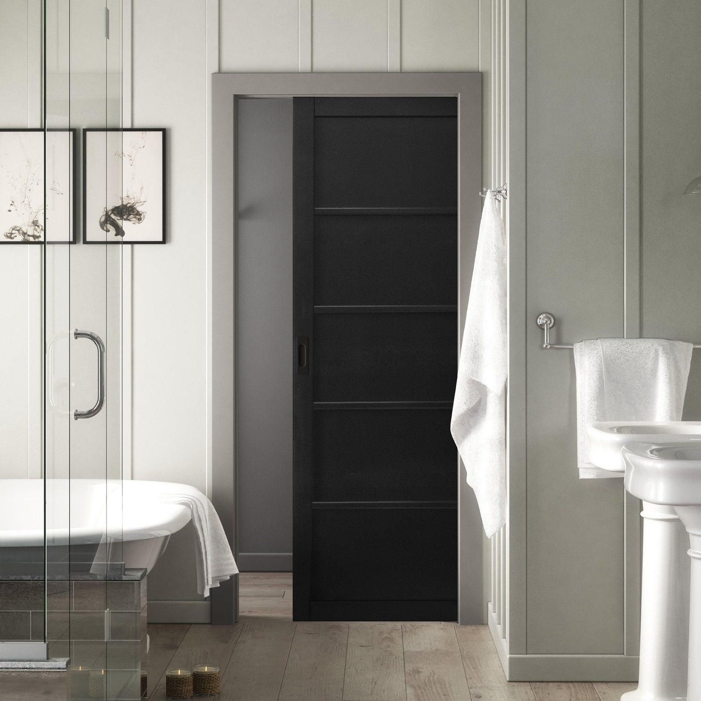 Jet Black Internal Fully Finished Industrial Studio 5 Panel Classic Framed Pocket Door Set (121014)