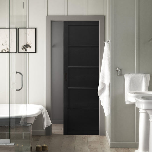 Jet Black Internal Fully Finished Industrial Studio 5 Panel Classic Framed Pocket Door Set (121014)