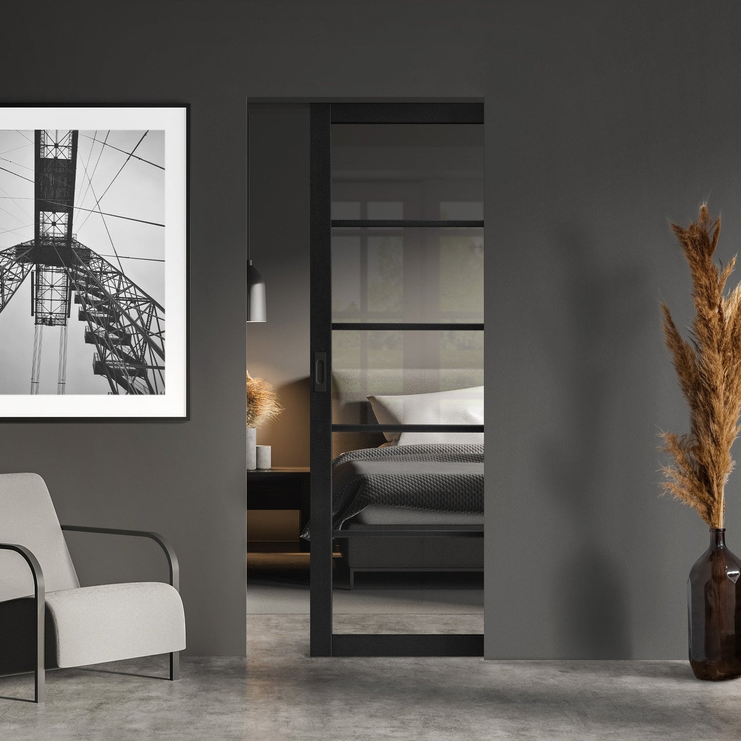Jet Black Internal Fully Finished Industrial Studio 5 Light Clear Glass Classic Framed Pocket Door Set (121011)