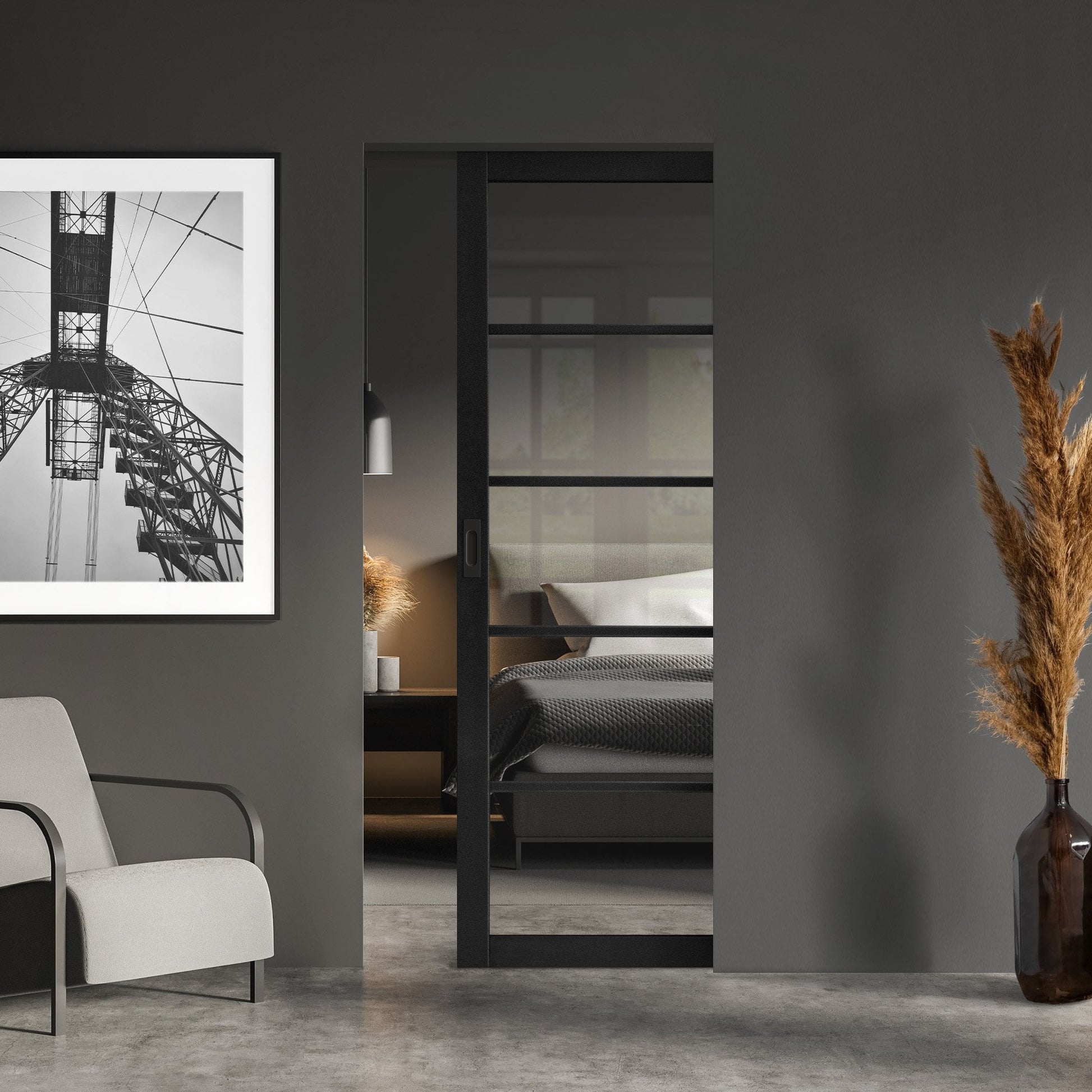 Jet Black Internal Fully Finished Industrial Studio 5 Light Clear Glass Classic Framed Pocket Door Set (121011)
