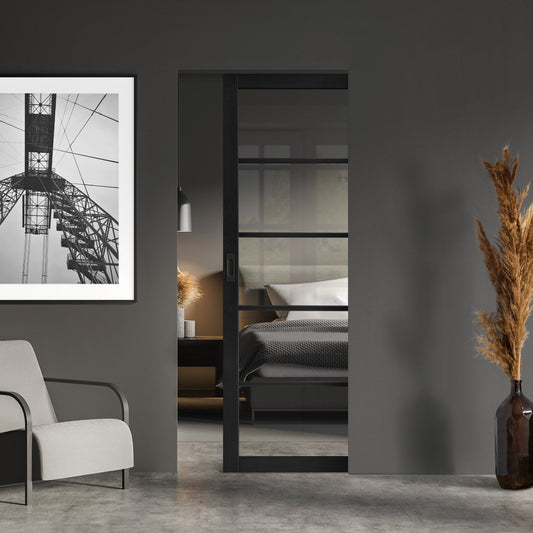Jet Black Internal Fully Finished Industrial Studio 5 Light Clear Glass Classic Framed Pocket Door Set (121011)
