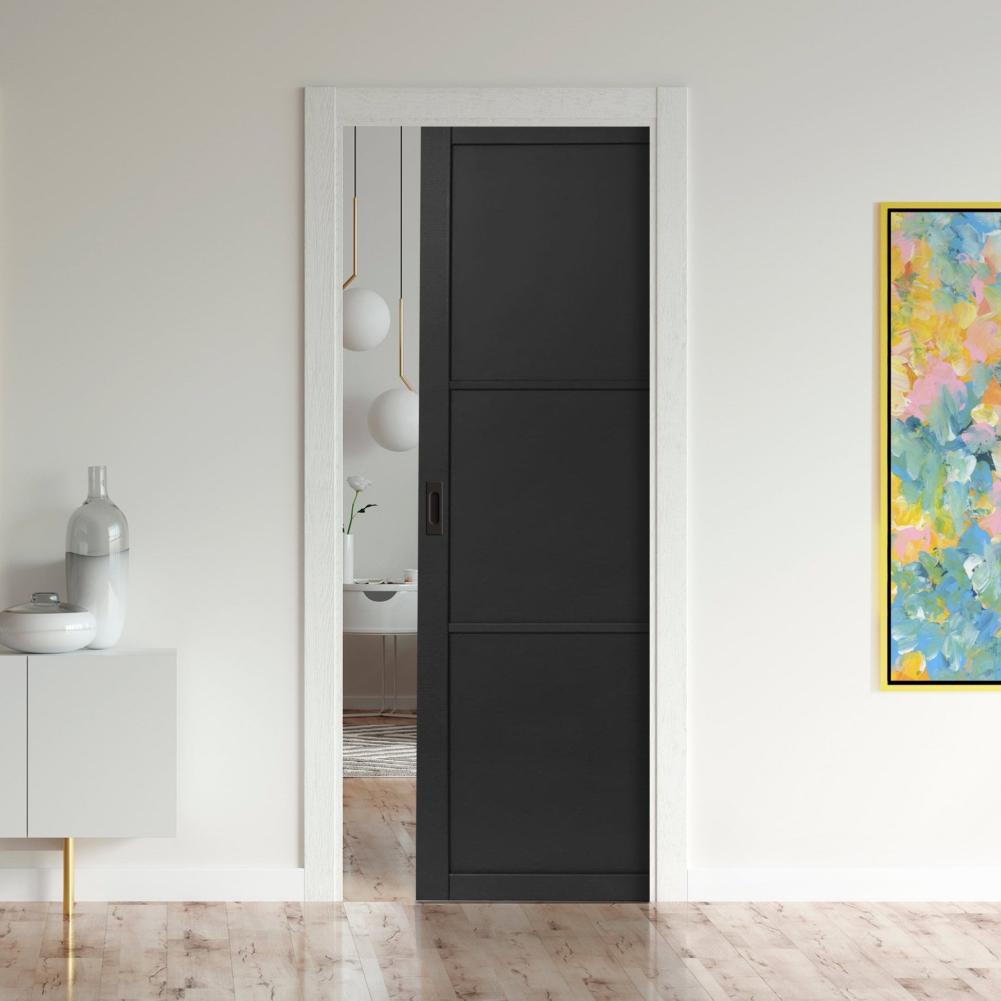 Jet Black Internal Fully Finished Industrial Studio 3 Panel Classic Framed Pocket Door Set (121012)