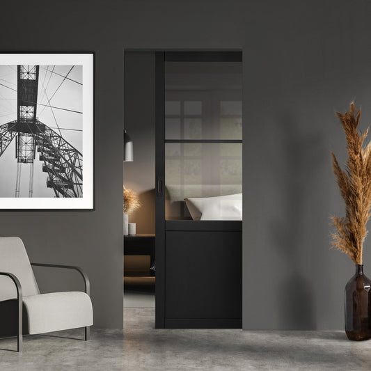 Jet Black Internal Fully Finished Industrial Studio 1 Panel 2 Light Clear Glass Classic Framed Pocket Door Set (120845)