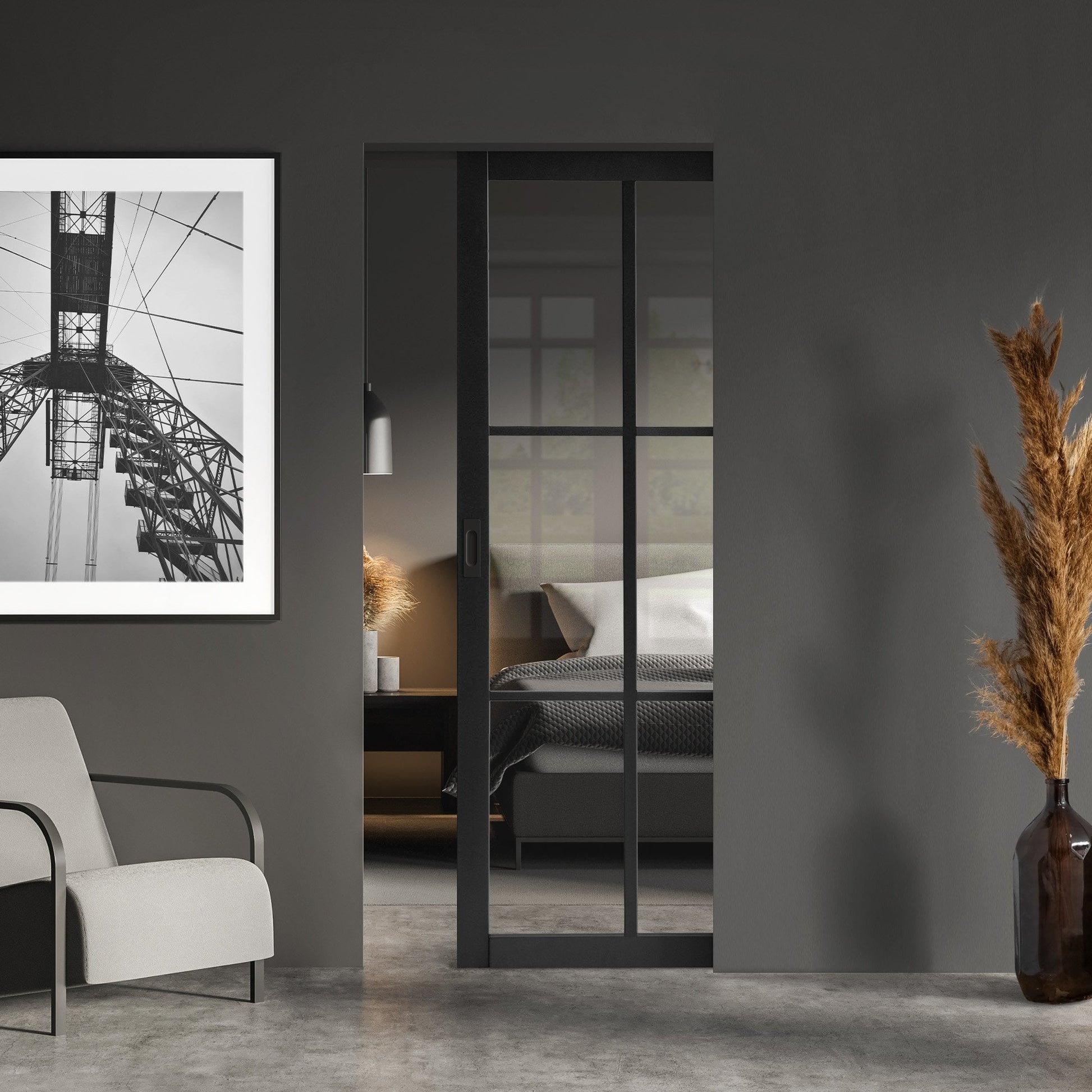 Jet Black Internal Fully Finished Industrial Studio 6 Light Clear Glass Classic Framed Pocket Door Set (120844)