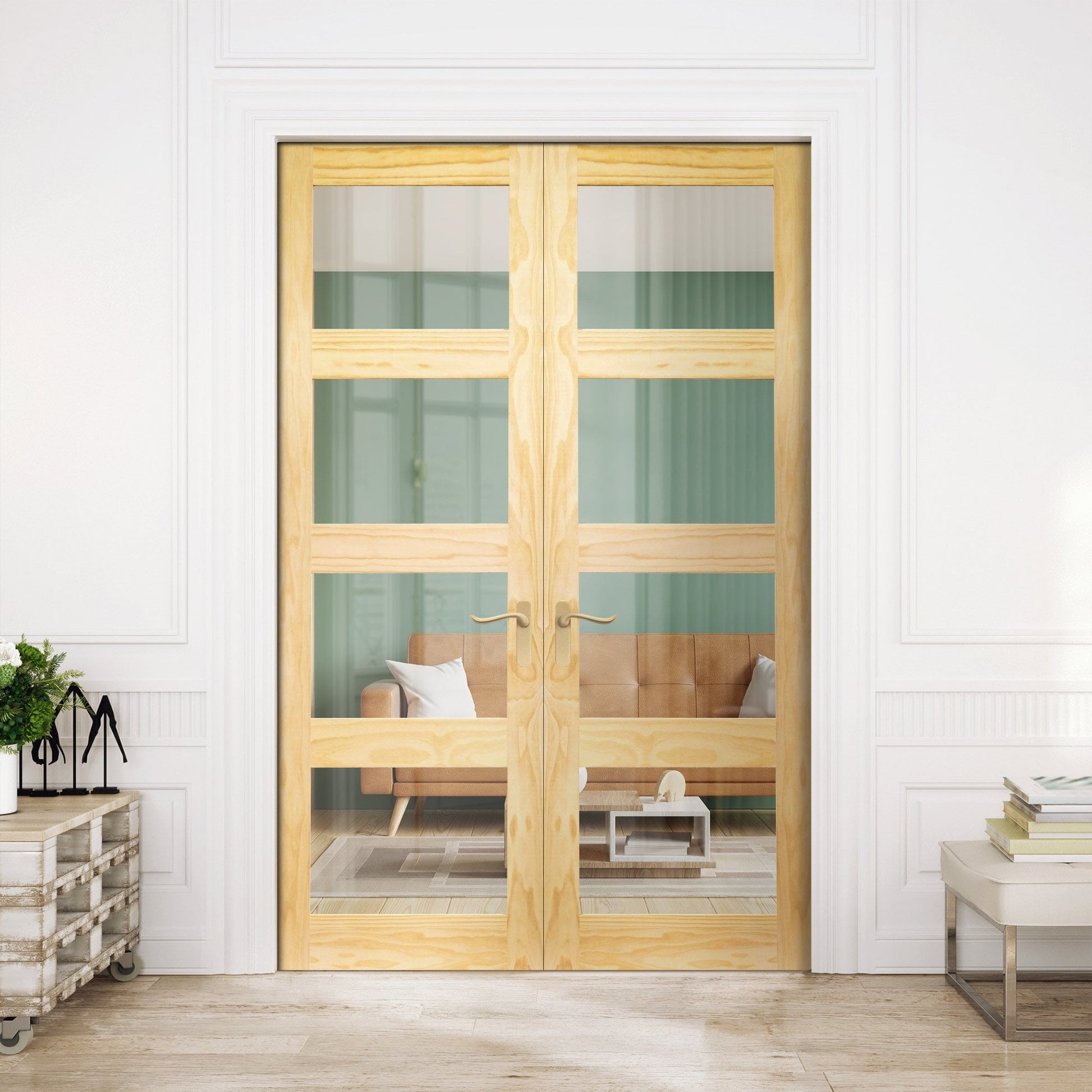 Internal Clear Pine Unfinished Shaker 4 Light Clear Glass Pair Door (121344)