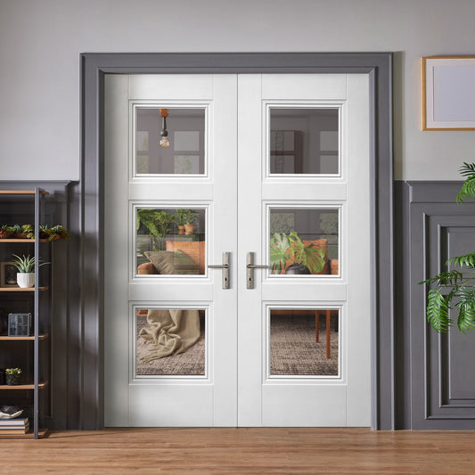 Internal White Primed Elegance Ripley 3 Light Clear Glass Pair Door (121415)