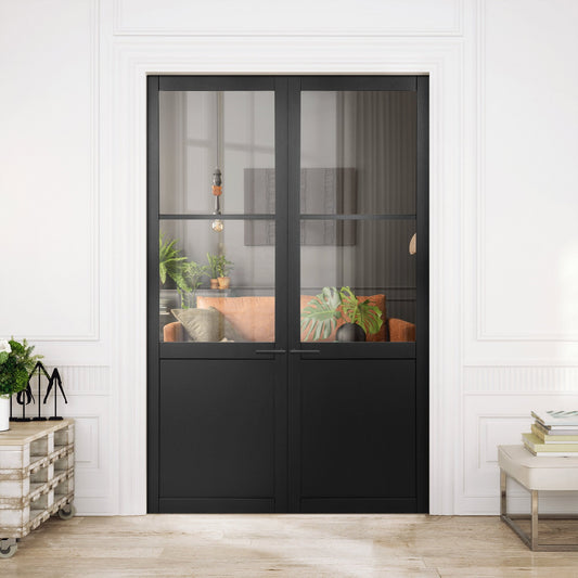 Jet Black Internal Fully Finished Industrial Studio 1 Panel 2 Light Clear Glass Pair Door (121347)